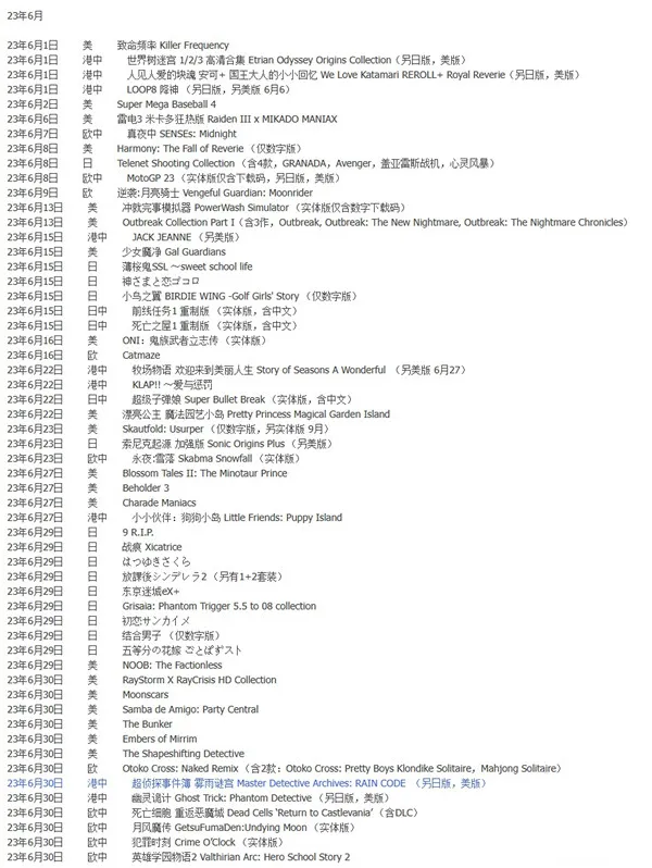 Switch2023年6月发售游戏表一览-应用教程